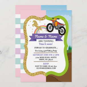 Invitation Unicorn & Dirt Bike Boy Girl Partagé Anniversaire