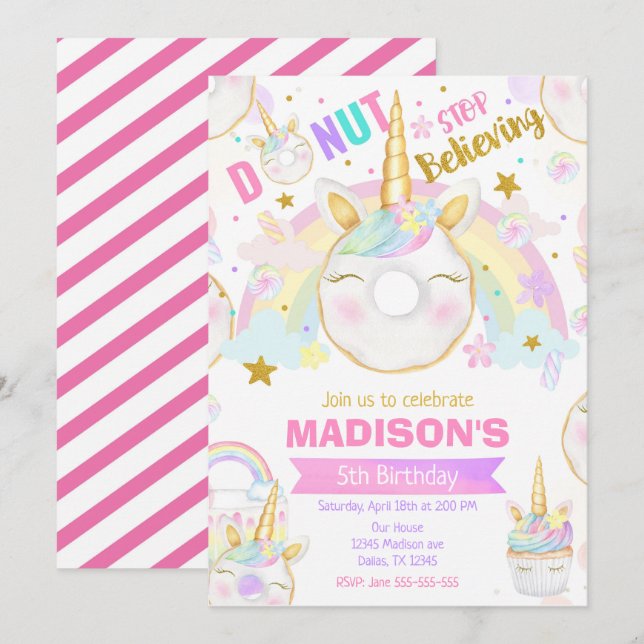 Invitation Unicorn Donut Girl Magical Sweet Birthday Party (Devant / Derrière)