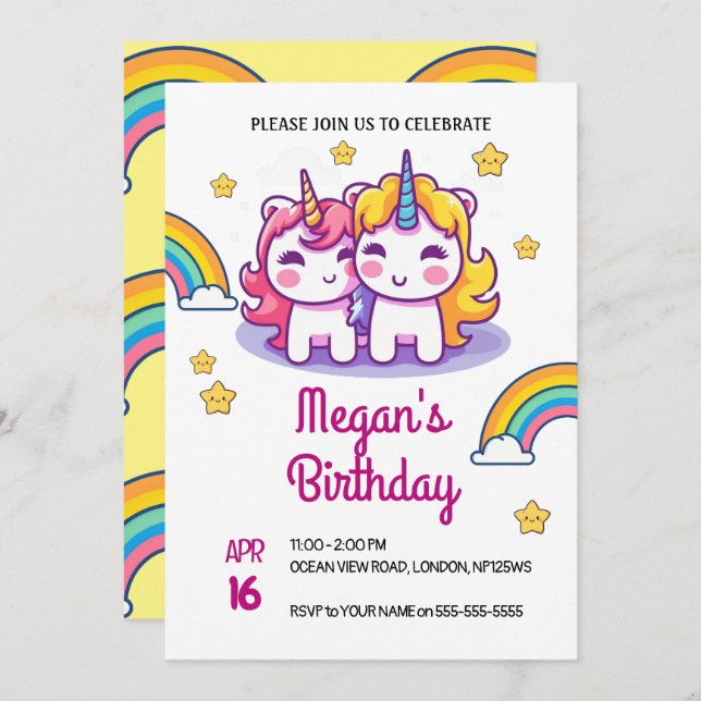 Invitation Unicorn Enfants mignonne fête Anniversaire (Devant / Derrière)
