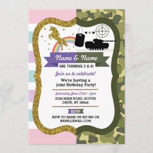 Invitation Unicorn et Armée Joint Boy Girl Birthday Military
