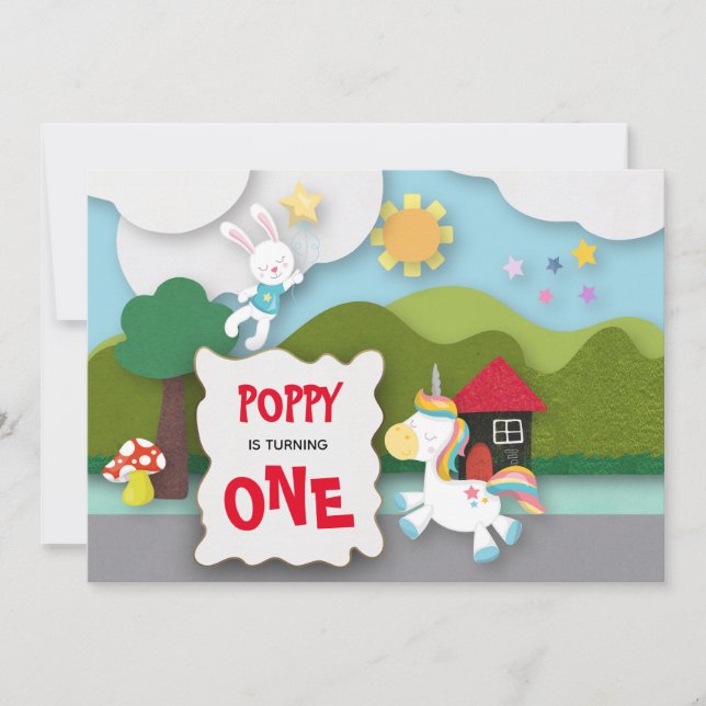 Invitation Unicorn et Bunny Paysage premier anniversaire (Devant)