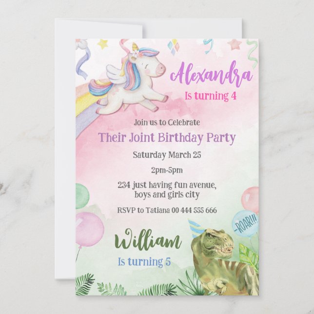 Invitation Unicorn et Dinosaur Joint Sibling Birday Party (Devant)