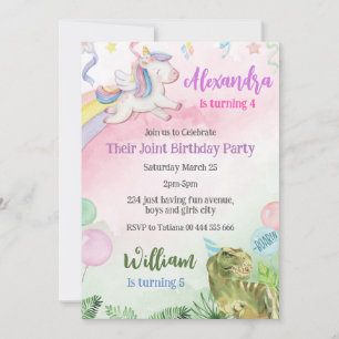 Invitation Unicorn et Dinosaur Joint Sibling Birday Party
