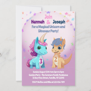 Invitation Unicorn et Dinosaur Kids Party