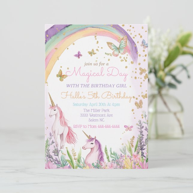 Invitation Unicorn et Rainbows anniversaire thème licorne (Debout devant)