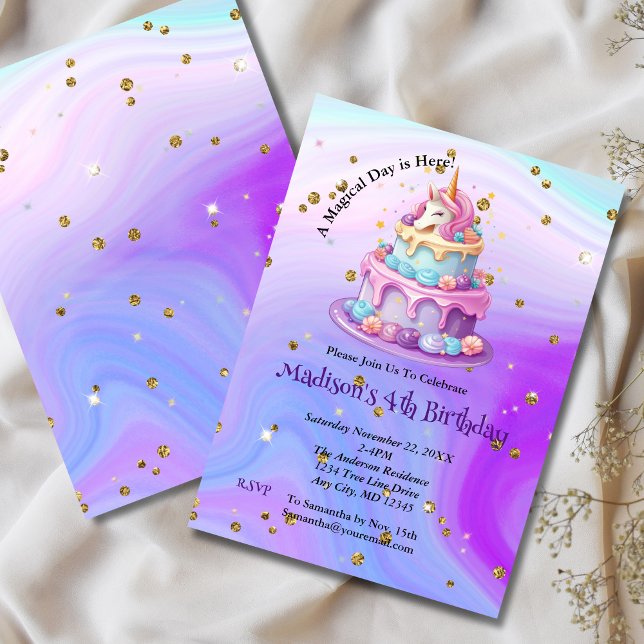 Invitation Unicorn étincelle Bleu pourpre gâteau 4e anniversa (Magical Unicorn with Cake 4th Birthday Invitation for Little Girl. Any Age- Age can be edited. )