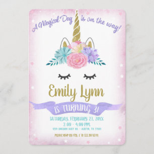 Invitation Unicorn Face Gold Parties scintillant Fleurs paste