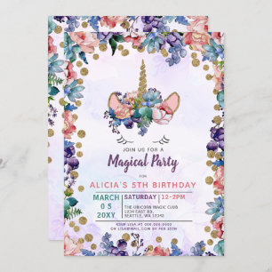 Invitation Unicorn Face Parties scintillant Floral Anniversai