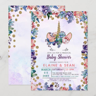 Invitation Unicorn Face Parties scintillant Floral Girl Baby