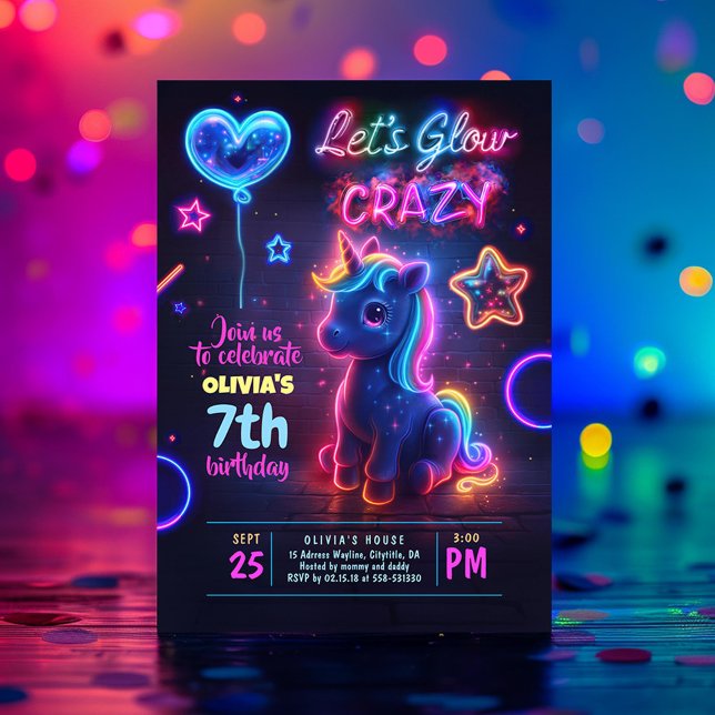 Invitation Unicorn Faisons la fête d'anniversaire de Neon (Let's Glow Crazy Unicorn Birthday Invitation)