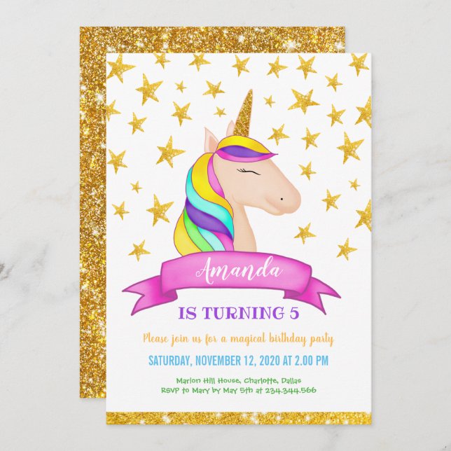 Invitation Unicorn Faux Gold Parties scintillant Stars | Anni (Devant / Derrière)