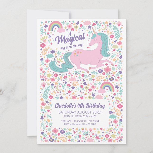 Invitation Unicorn fête d'anniversaire Floral Rose Girls (Devant)
