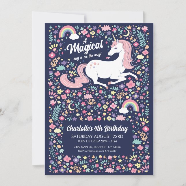 Invitation Unicorn fête d'anniversaire Floral Rose Navy fille (Devant)