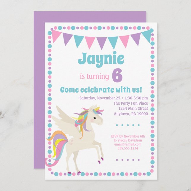 Invitation Unicorn Filles Unicorn fête d'anniversa (Devant / Derrière)