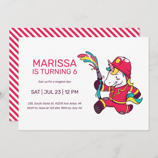 Invitation Unicorn Firefighter Anniversaire de enfant de dess (Devant / Derrière)