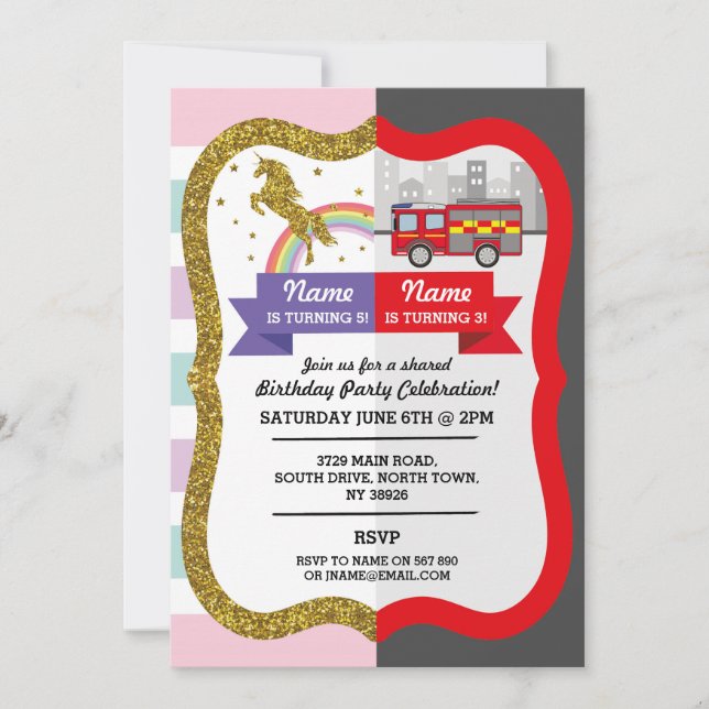 Invitation Unicorn Firetruck Boy Girl Birthday Shared Fun (Devant)