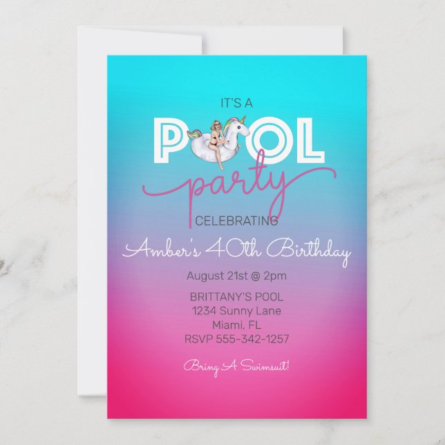 Invitation Unicorn Float Summer Pool 40th Birthday Party (Devant)