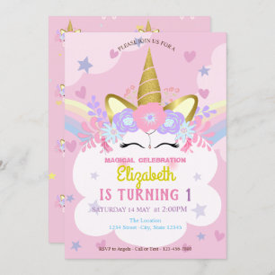 Invitation Unicorn Floral Crown Rainbow Hearts Étoiles Annive