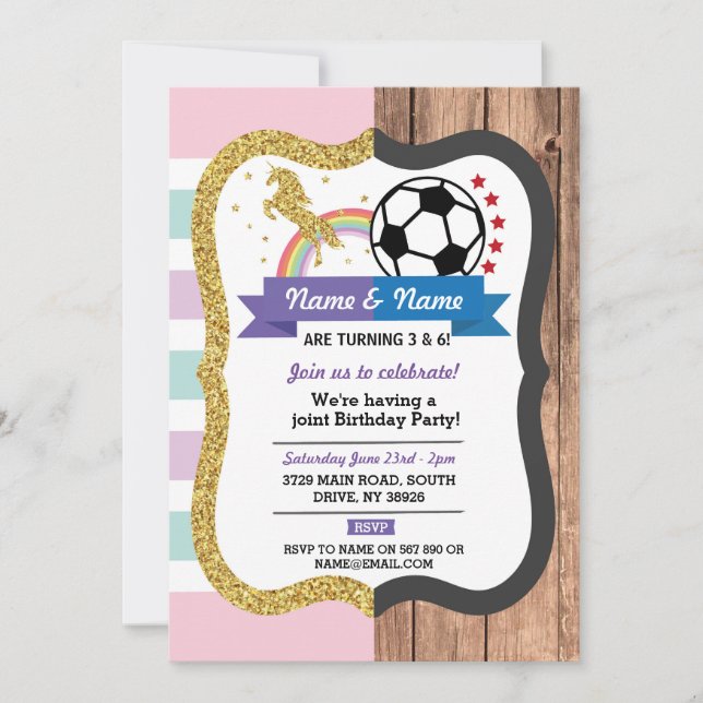 Invitation Unicorn & Football Jumelé Anniversaire Girl Boy Sp (Devant)