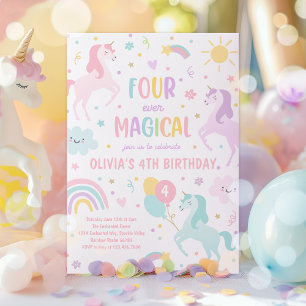 Invitation Unicorn Four Ever Magique 4ème fête Anniversaire