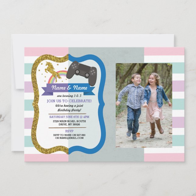 Invitation Unicorn & Gaming Joint Boy girl Birthday Photos (Devant)