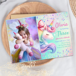 Invitation Unicorn Girl Magique Pastel Rainbow Birthday Photo