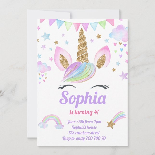 Invitation Unicorn Girl Magique Pastel Rainbow rose Anniversa (Devant)