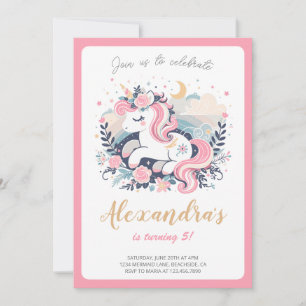 Invitation Unicorn Girl Magique Pastel rose fête d'anniversai