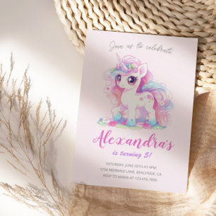 Invitation Unicorn Girl Magique Pastel rose fête d'anniversai