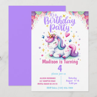 Invitation Unicorn Girls Rainbow Colors Anniversaire Invitati