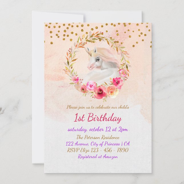 Invitation Unicorn Gold Parties scintillant rose bébé fille p (Devant)