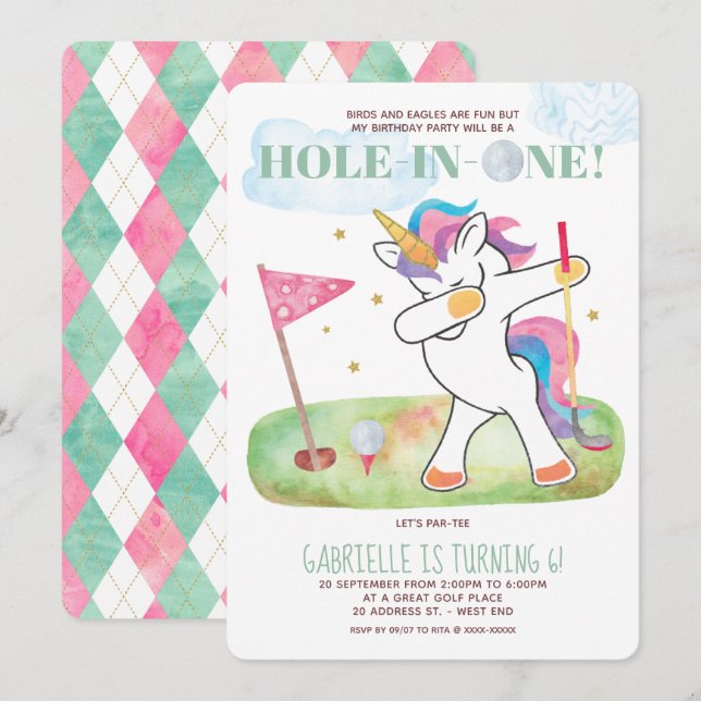 Invitation Unicorn Golf fête d'anniversaire (Devant / Derrière)
