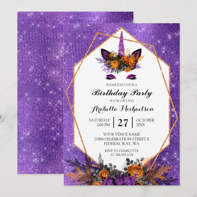 Invitation Unicorn Halloween Floral Purple Éperche Anniversai (Devant / Derrière)