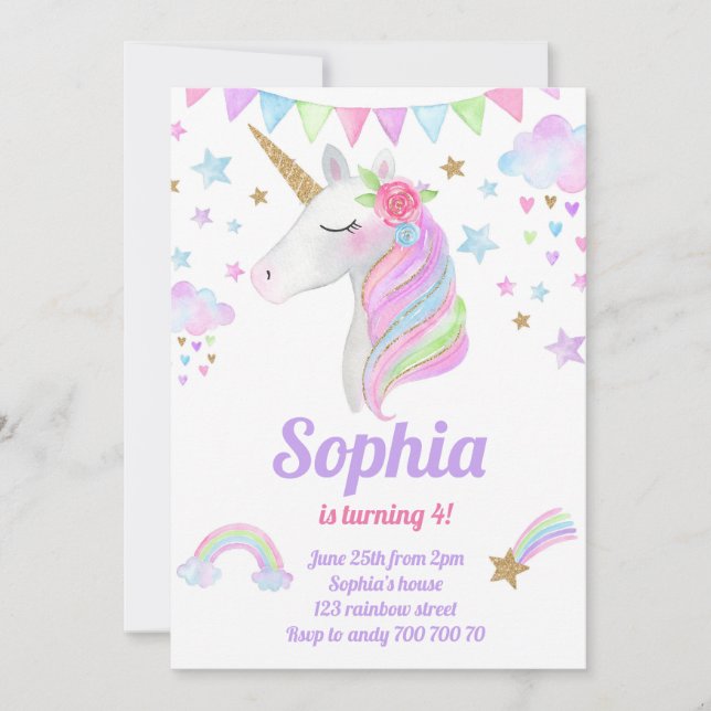Invitation Unicorn Head Gold Rainbow Parties scintillant Girl (Devant)