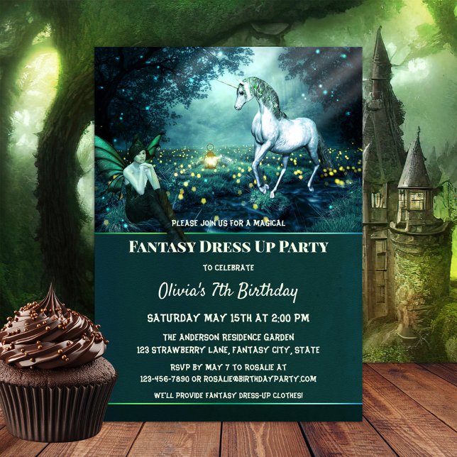 Invitation Unicorn Imaginaire habiller Anniversaire Fête Invi (A magical birthday party invitation featuring an enchanted garden scene with a fairy and unicorn.)