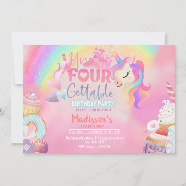 Invitation Unicorn inoubliable Donut Sweet 4e anniversaire (Devant)