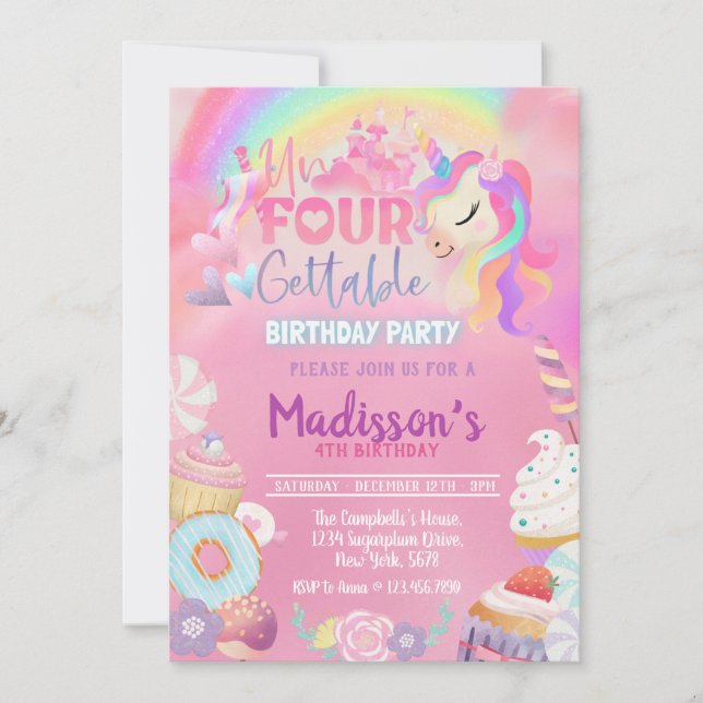 Invitation Unicorn inoubliable Donut Sweet 4e anniversaire en (Devant)