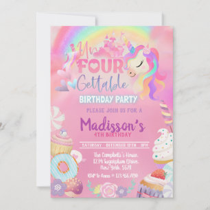 Invitation Unicorn inoubliable Donut Sweet 4e anniversaire en