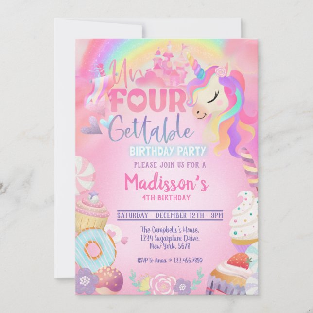 Invitation Unicorn inoubliable Donut Sweet 4e anniversaire en (Devant)