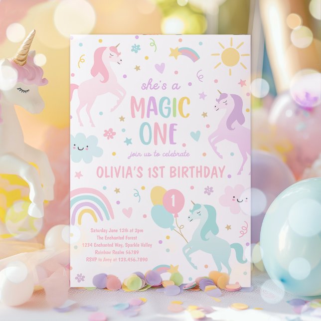 Invitation Unicorn Magic One Pastel Rainbow 1er anniversaire (Créateur téléchargé)