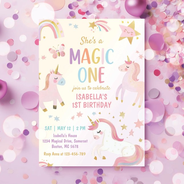 Invitation Unicorn Magic One Pastel Rainbow 1er anniversaire (Créateur téléchargé)