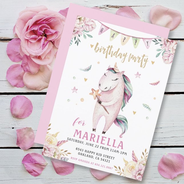 Invitation Unicorn Magic rose Floral fête d'anniversaire (SWEET PINK UNICORN GIRLS BIRTHDAY PARTY INVITATION)