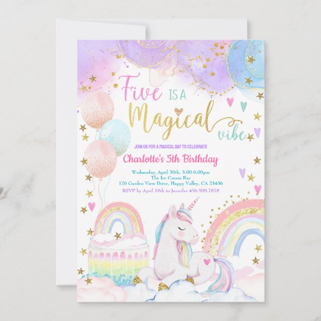 Invitation Unicorn Magical 5th Birthday Party Pastel Rainbow (Devant)