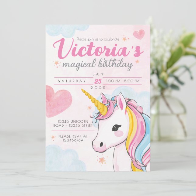 Invitation Unicorn Magical Birthday Invite (Debout devant)