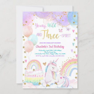 Invitation Unicorn Magique 3ème anniversaire fête Pastel Rain
