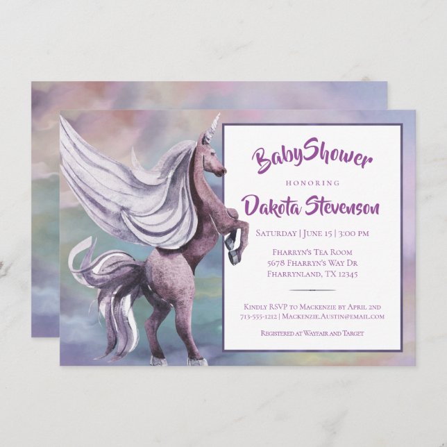 Invitation Unicorn magique | Aquarelle couleur Imaginaire pas (Devant / Derrière)
