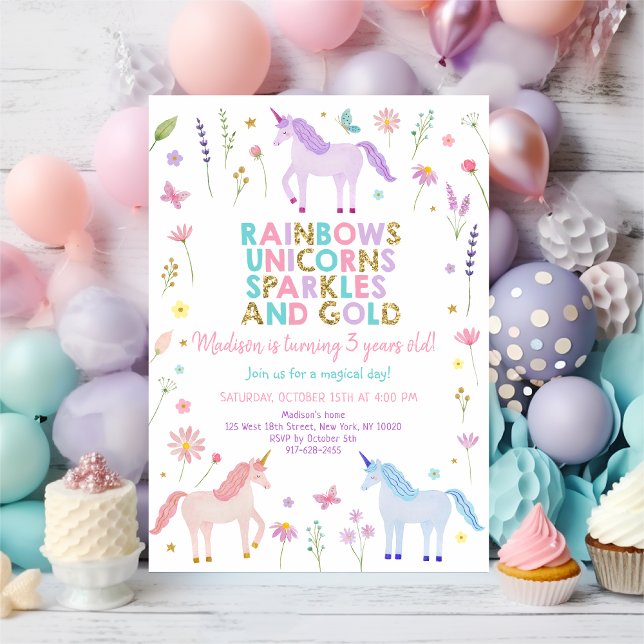 Invitation Unicorn Meadow Pastel Pink Gold Flowers Birthday (Créateur téléchargé)