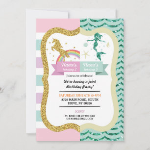 Invitation Unicorn & Mermaid Joint Girls Twins Anniversaire