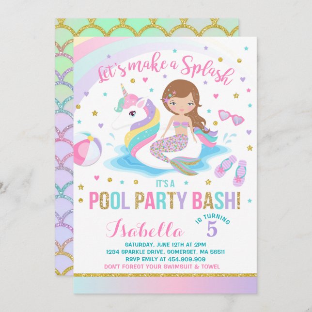 Invitation Unicorn & Mermaid Pool Party Anniversaire Invitati (Devant / Derrière)