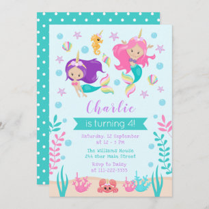 Invitation Unicorn Mermaids Anniversaire Peau claire Tone
